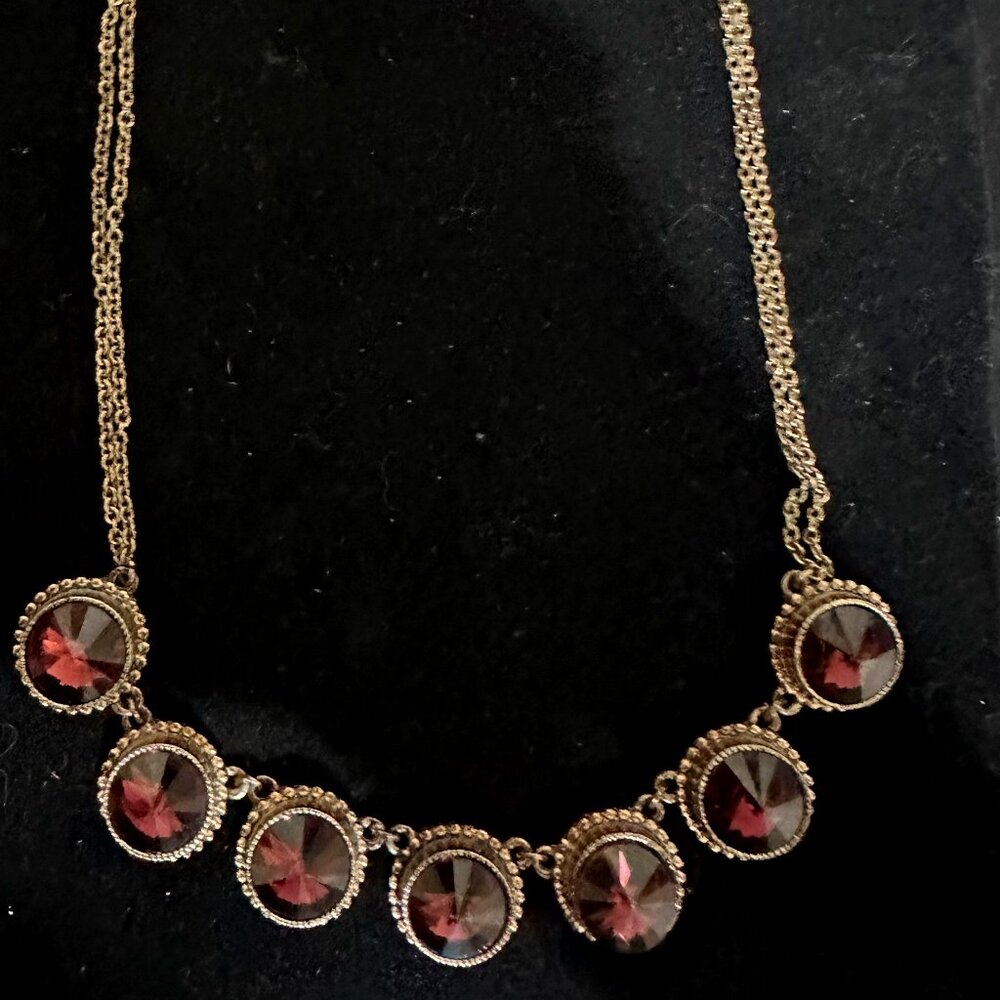 Vintage Style Garnet Dark Gold Tone Bezel Set Gemstone Necklace